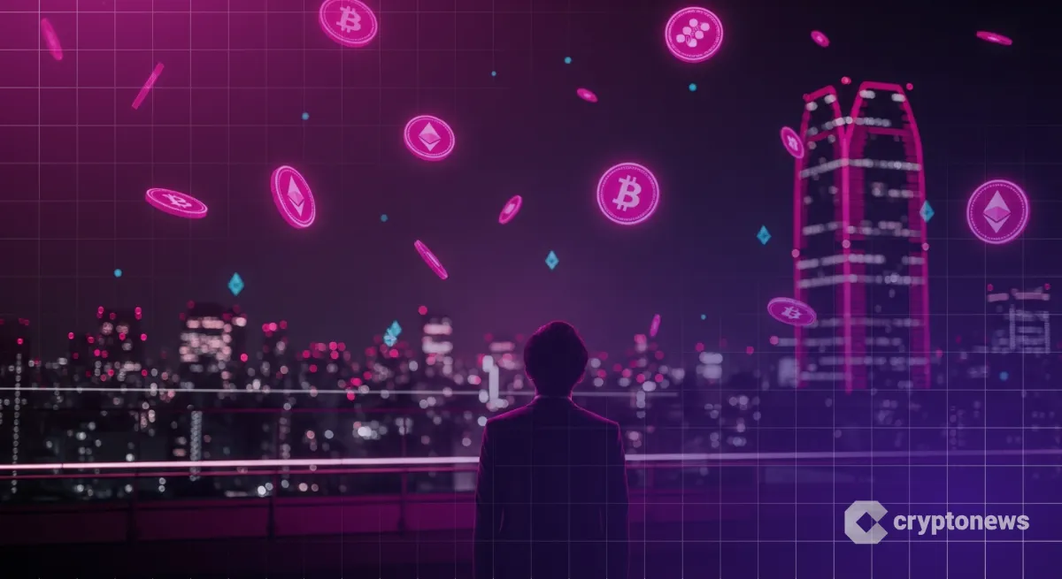 東京夜景の上空にコインが降り注ぐ、仮想通貨エアドロップ