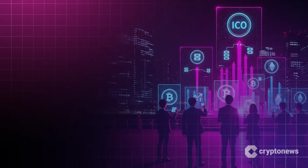 東京夜景、ICO仮想通貨のホログラムを見る投資家