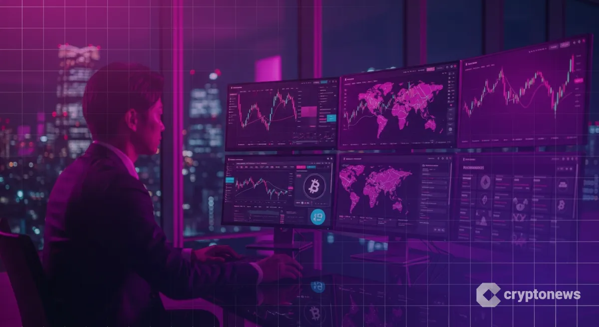 東京夜景を背にチャートやニュース画面を見る仮想通貨アナリスト