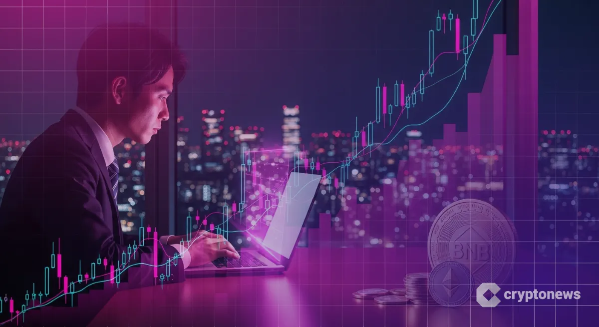 東京夜景と右肩上がりのチャートを見るビジネスパーソンとBNBの将来性