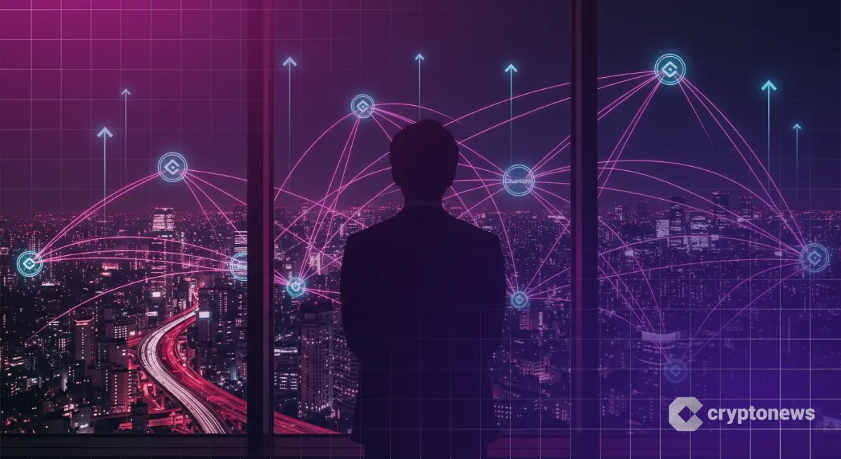 東京の金融街と上昇する光のノードで示すChainlinkの将来性