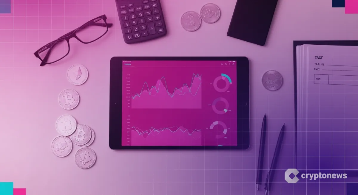 タブレットと書類で示す仮想通貨の税金シミュレーションと資産管理