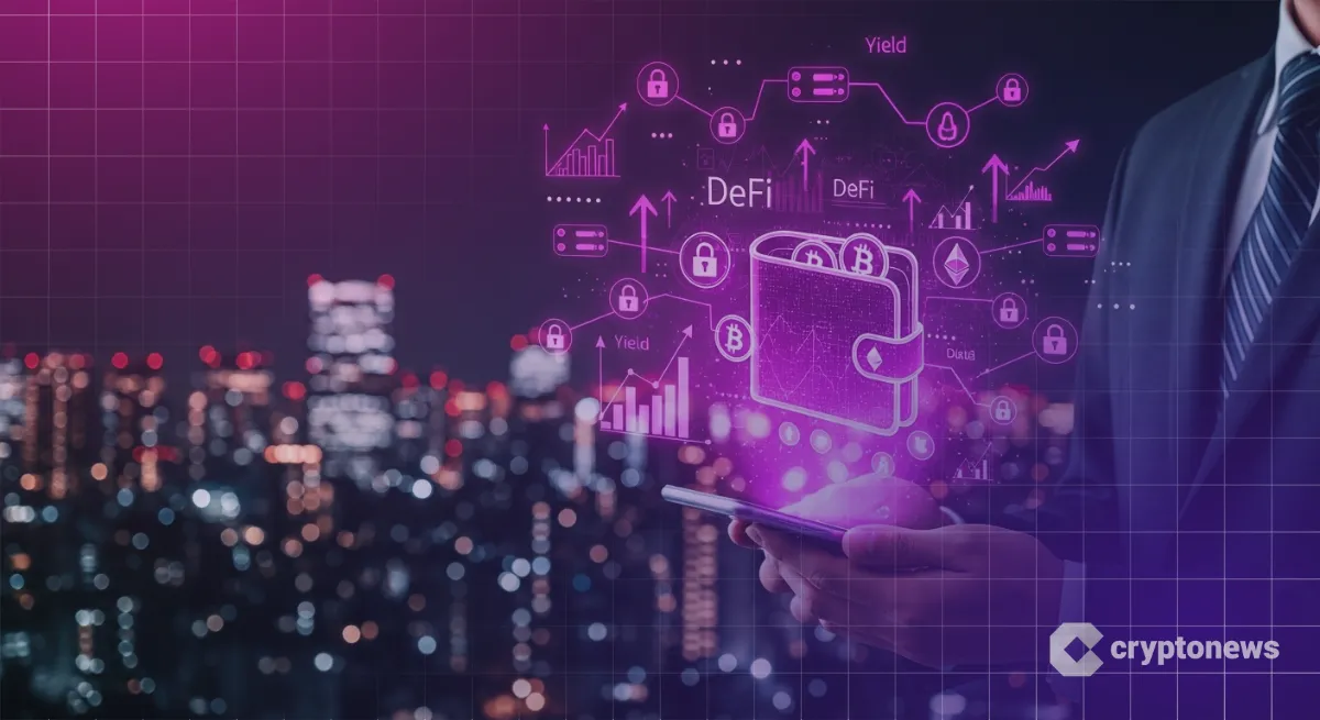 東京夜景、スマホから浮かぶDeFiウォレットのホログラム