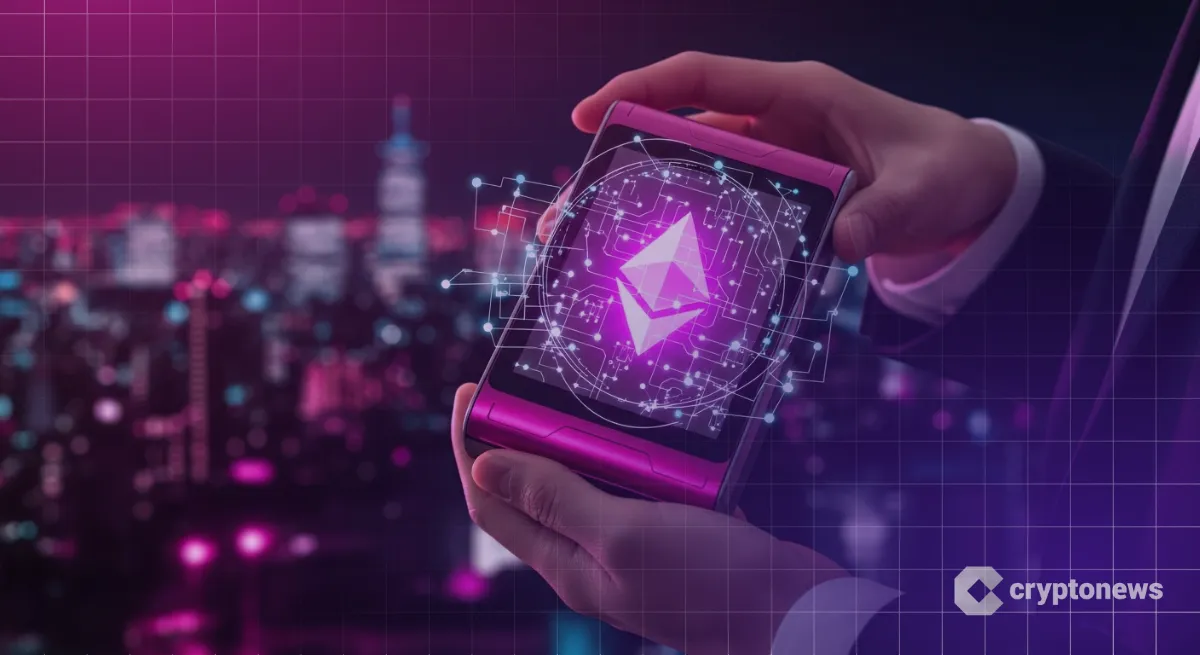 イーサリアムロゴのウォレット端末を持つビジネスパーソン