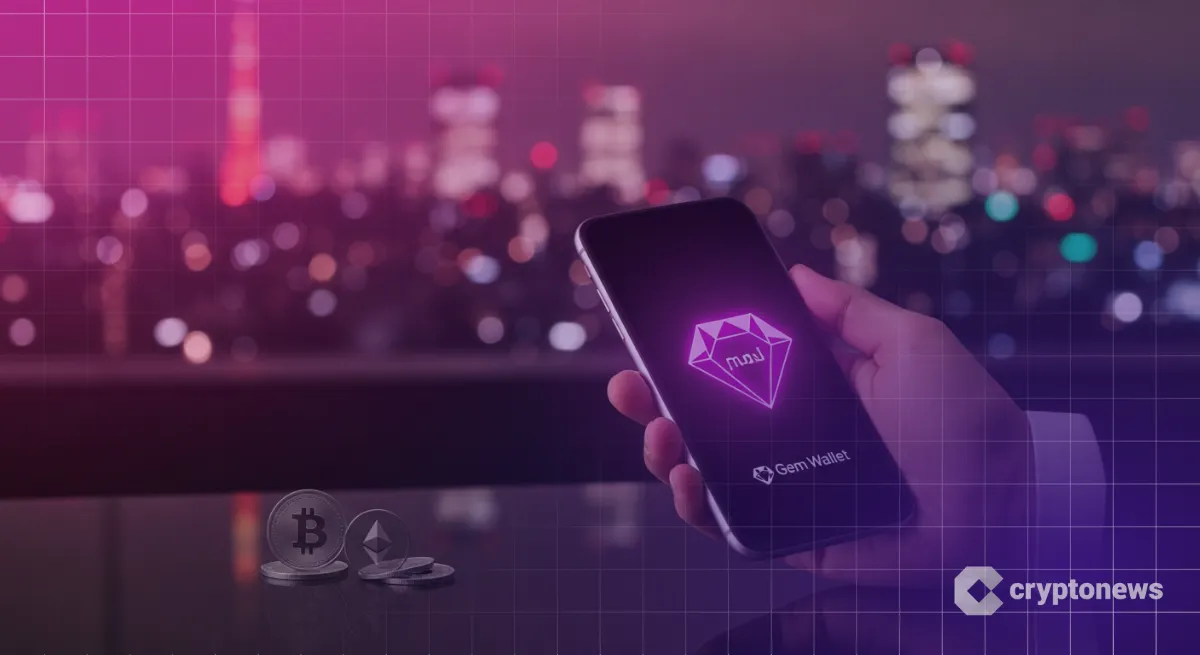 Gem Walletアイコンのスマホを持つビジネスパーソン