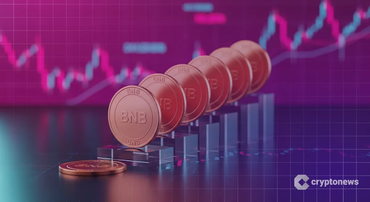 階段状に並んだコインとマゼンタのライティングで示すBNBの買い方