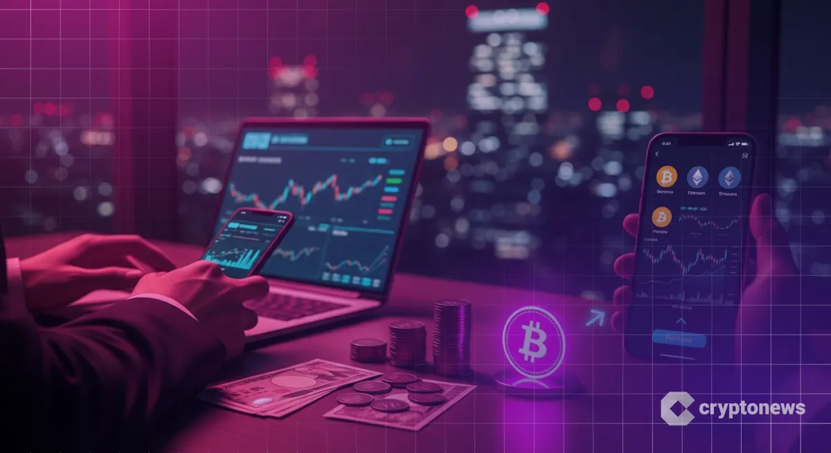 日本円とスマホで仮想通貨購入画面を確認するビジネスパーソン