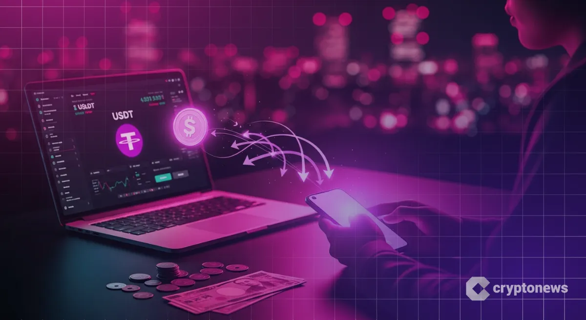 日本円からスマホ経由でPC上のUSDTへ流れるイメージ