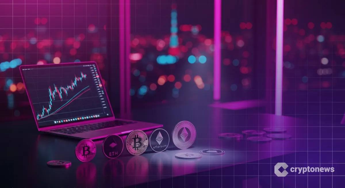 東京のデスクに並ぶ、ネオン光のおすすめ仮想通貨銘柄