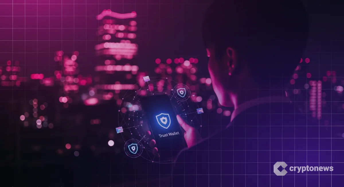 東京夜景、Trust Walletロゴ入りスマホを持つビジネスパーソン