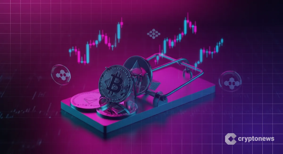 金属製の罠に挟まれたBTCとETHコインで示す仮想通貨詐欺の危険性