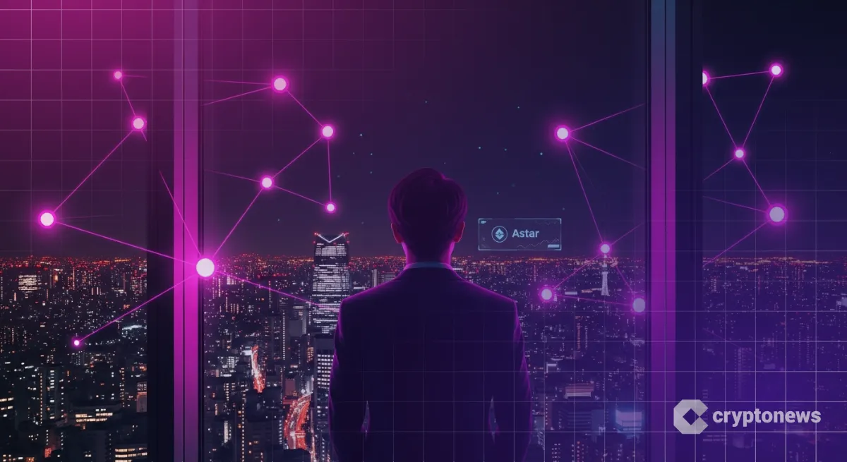 東京の夜景と光のネットワークとAstar（アスター）仮想通貨ロゴ