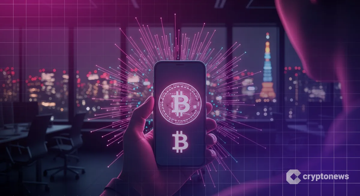 東京夜景とスマホ画面のBitcoinロゴで表現するビットコイン