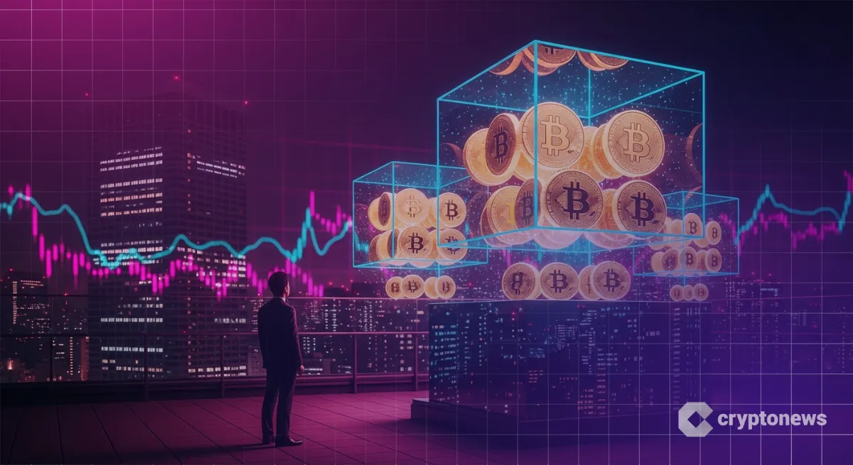 ガラスキューブに並ぶ複数のBTCコインで表現するビットコインETFの仕組み