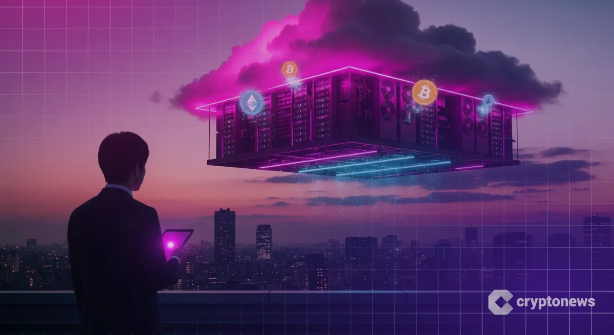 都市上空のクラウド型データセンターを見つめるクラウドマイニングイメージ