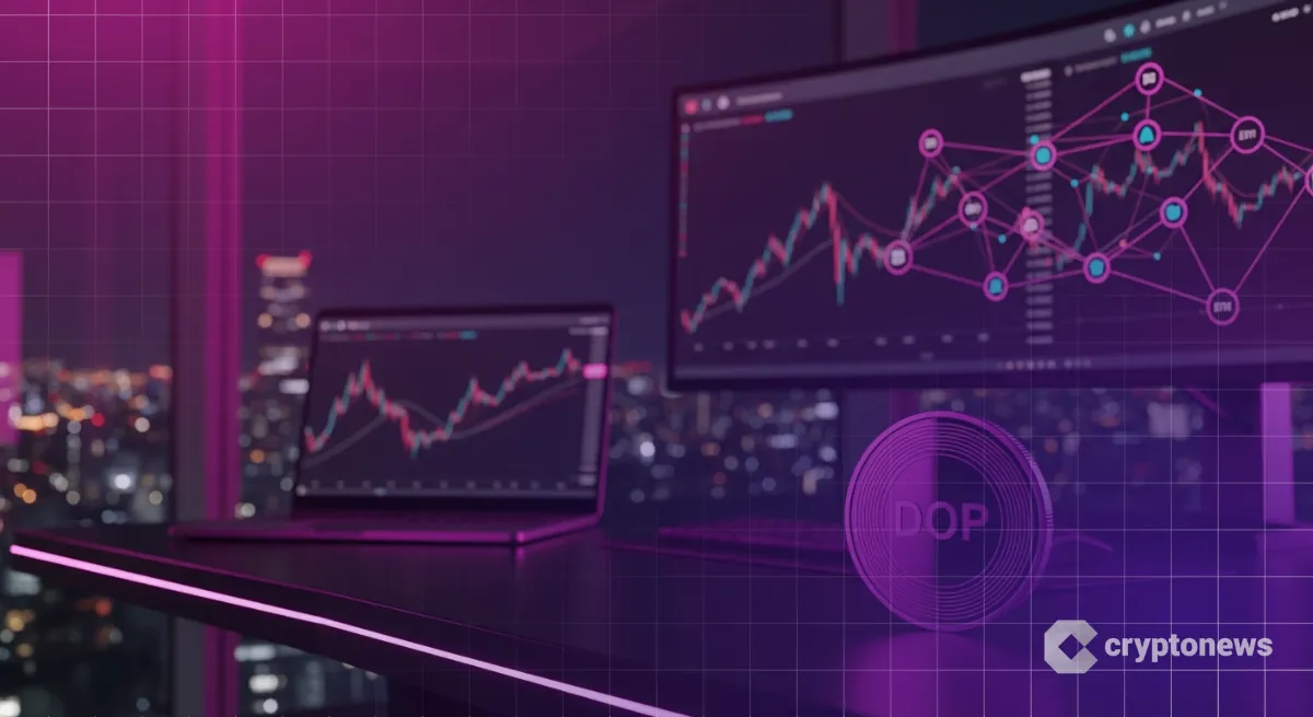 東京オフィスで撮影したDOP刻印の仮想通貨コインと暗いトレーディング画面