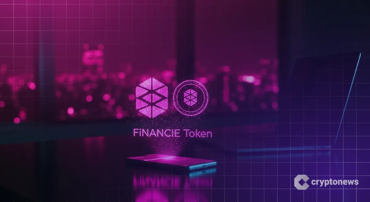 Financie（フィナンシェ）トークンのロゴとスマートフォンのARホログラム