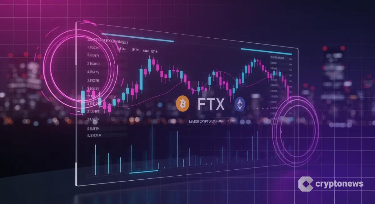 デジタルチャートとFTXロゴが光る近未来的な仮想通貨取引所