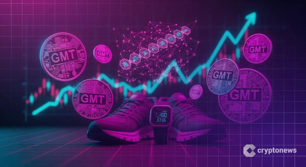 GMT仮想通貨のロゴ入りコインホログラムとランニングシューズ