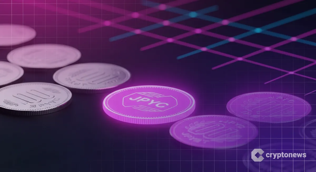 日本円硬貨がJPYCロゴ入りデジタルコインに変化するイメージ