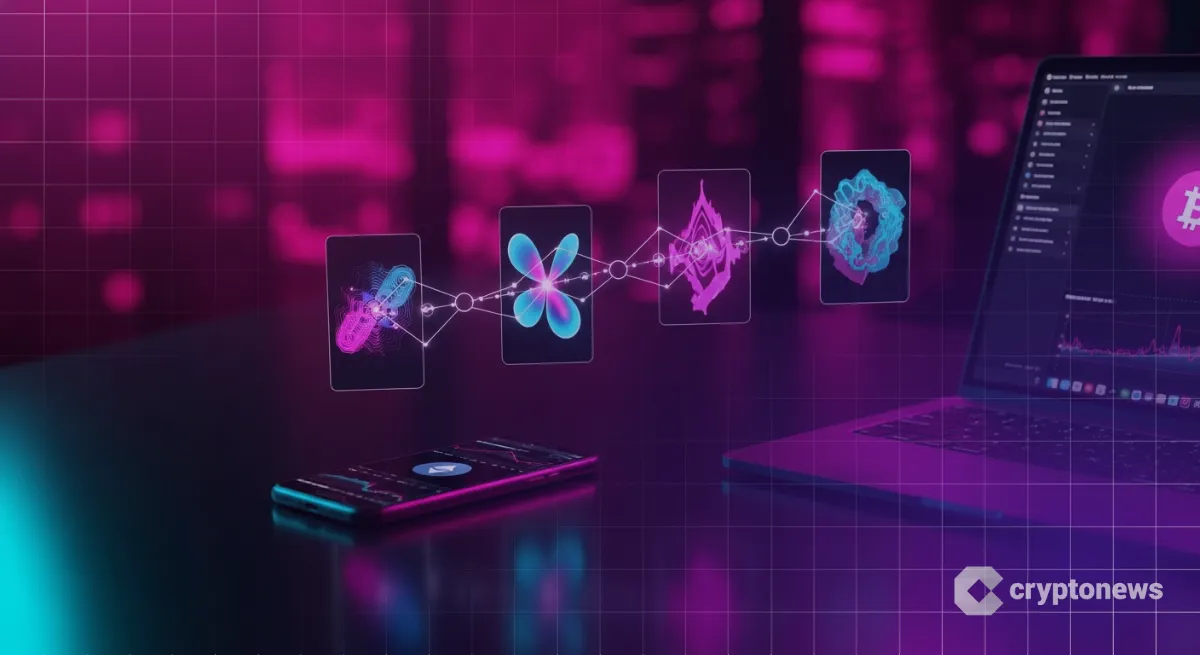 接続されたデジタルアートが浮かぶPCとスマホで示すNFTの唯一性と所有権