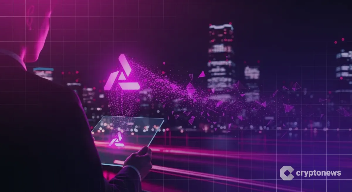 Avalanche(アバランチ)のロゴと光の粒子を見つめるビジネスパーソン