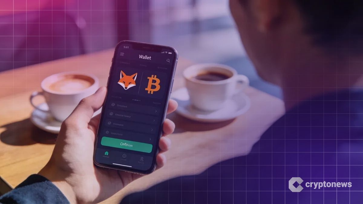 カフェでスマートフォンを操作し、MetaMaskアプリ上でビットコインとイーサリアムを管理している様子