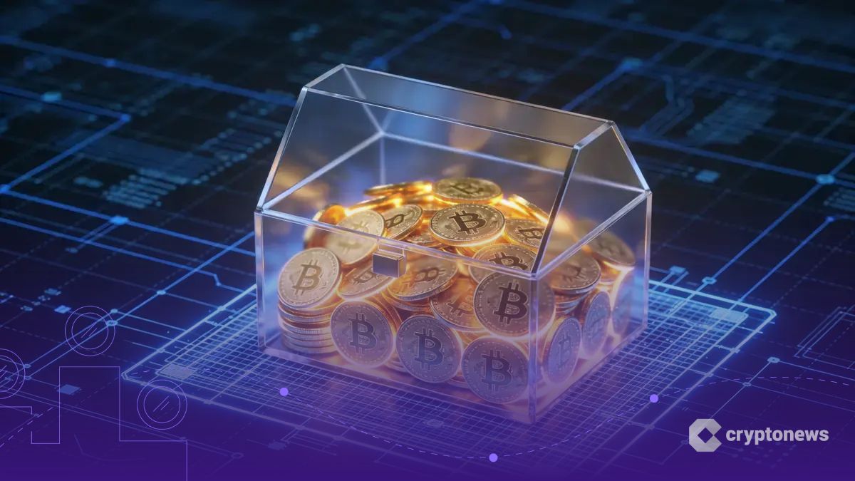 デジタルな青写真の上に置かれた透明な容器にビットコインが蓄積され、企業の財務戦略と保有量増加を象徴している様子