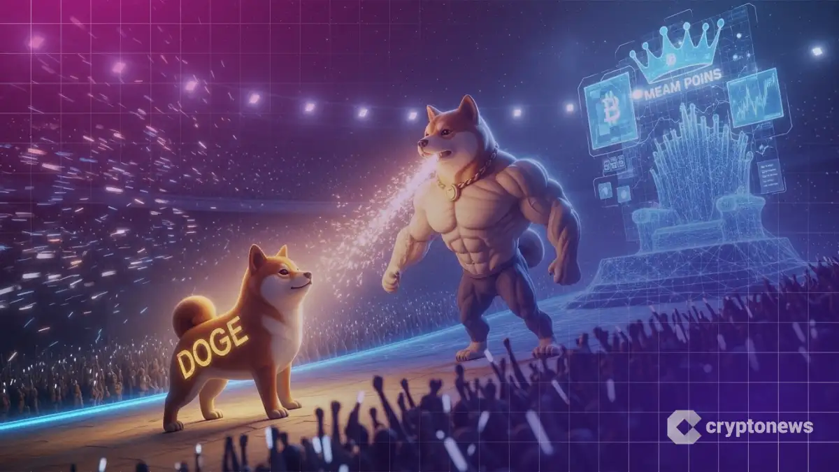 スタジアムで対峙する普通の柴犬と筋肉質で巨大な柴犬の二匹