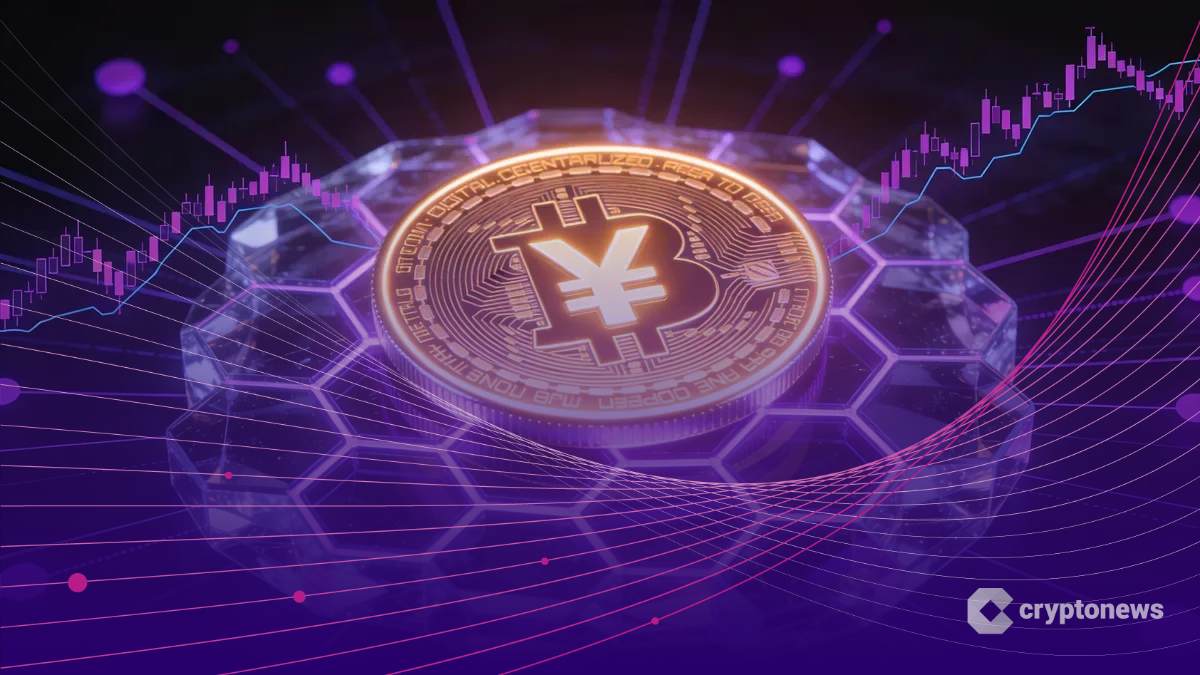 ポリゴンネットワークの六角形グリッド上に配置された輝くデジタル日本円コイン