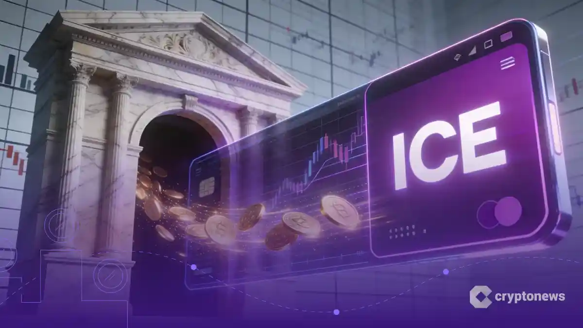 伝統的な大理石のアーチに未来的な紫色のデジタル決済ゲートウェイが統合され、金色のコインが流れる様子