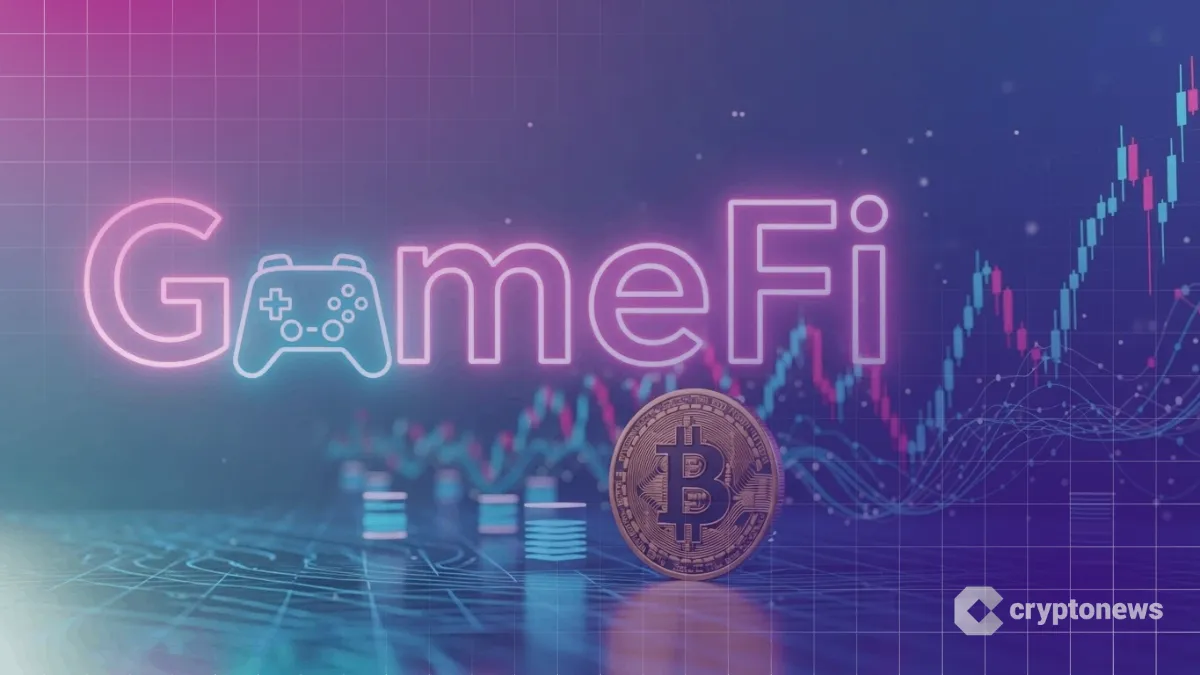 ビットコインと上昇するチャートを背景に浮かび上がる「GameFi」の文字