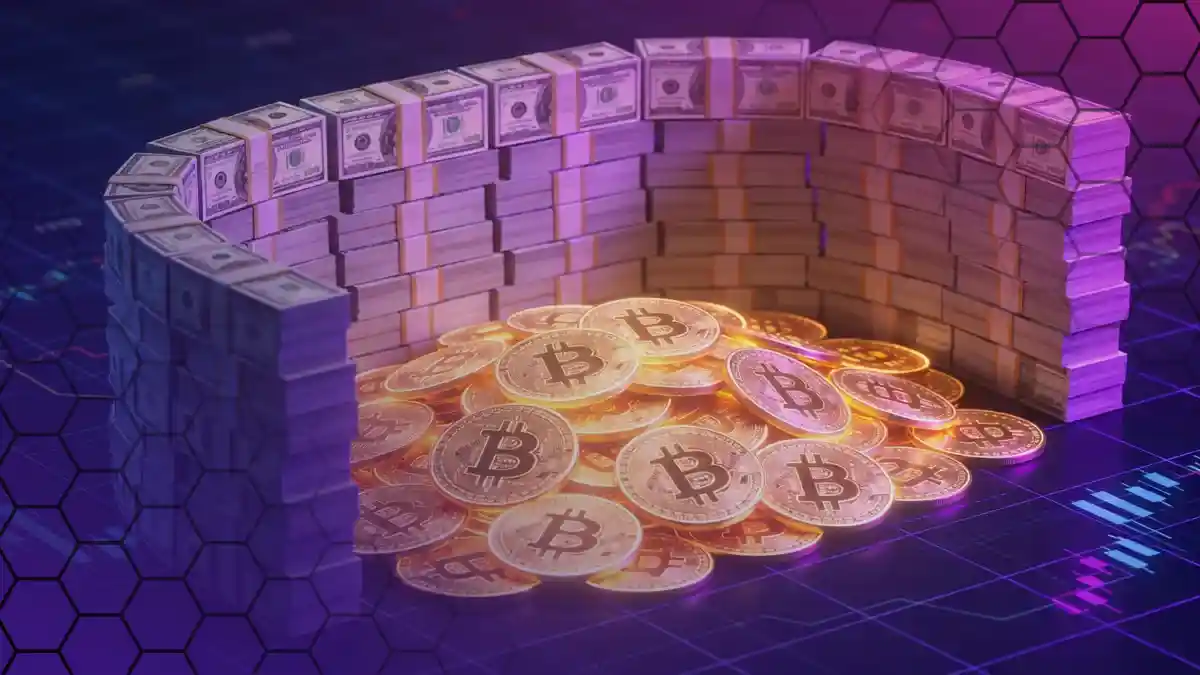 ビットコインの山の周囲に積み上げられた大量のドル紙幣の壁、現金準備の拡大を象徴