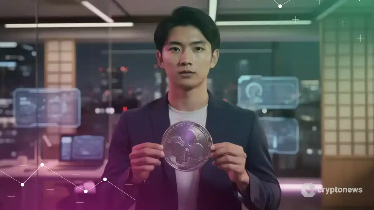 和モダンな東京のオフィスで、リップル(XRP)のコインを両手で持ち、決意の表情を見せる日本の若手起業家