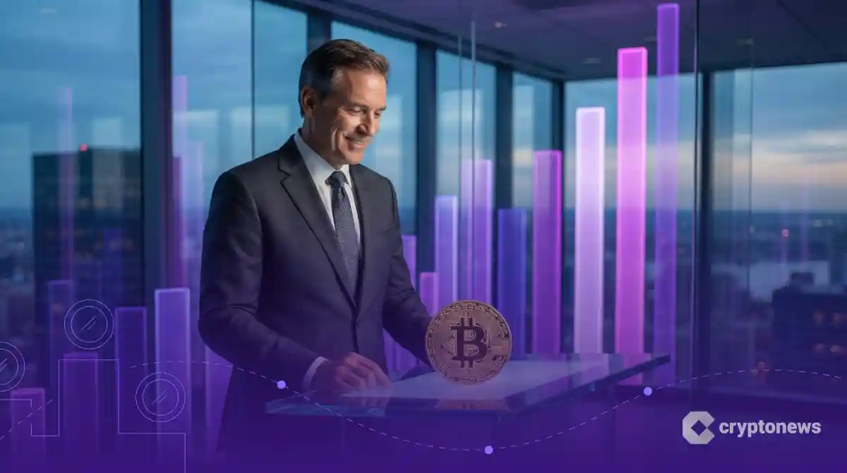 未来的なオフィスでビットコインを見つめる自信に満ちた市場分析官、2026年の価格予測