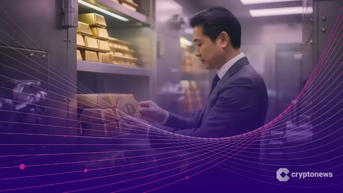 金庫内でビットコインと金の延べ棒を慎重に配置し、デュアルゴールド戦略による資産防衛を進める日本の企業幹部