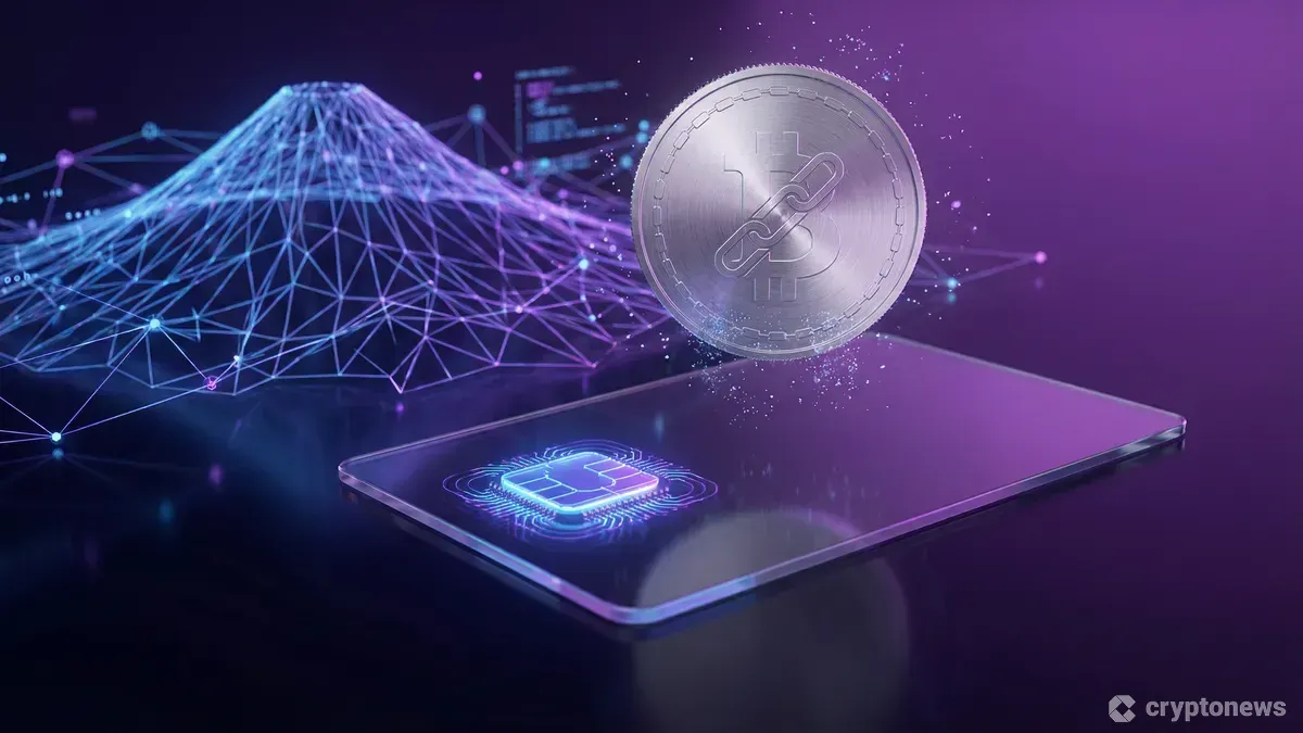 未来的なICチップ付きIDカードの上にデジタル通貨のコインが浮かび上がり、背景に抽象的な富士山のシルエットがある様子