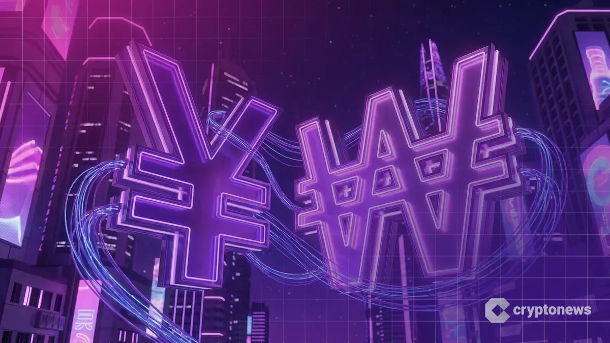 日本円と韓国ウォンのシンボルが輝く未来的なアジアの金融市場のイメージ