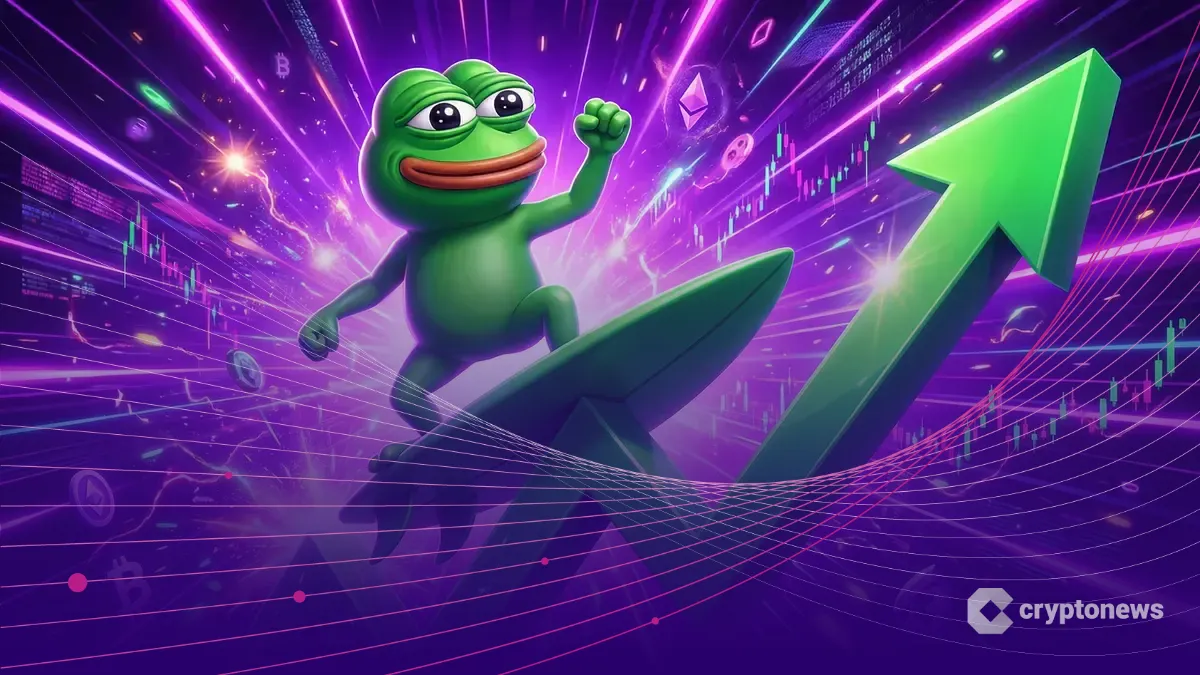 急騰するチャートに乗るPEPEカエルの3Dイラスト