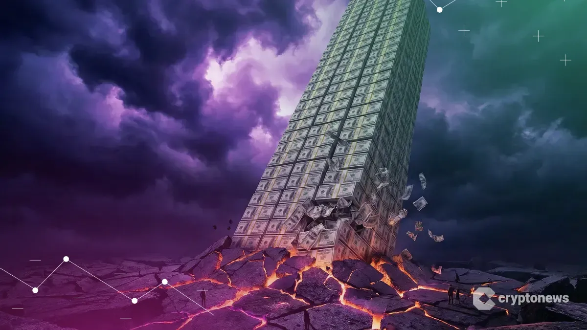 米国債務38.4兆ドル突破を象徴する、崩壊寸前の巨大なドル紙幣の塔と暗い嵐の空