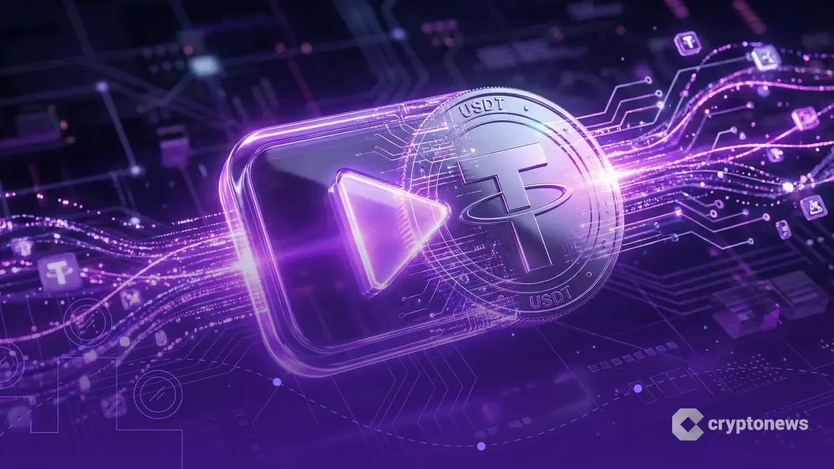 動画再生ボタンとテザーコインが融合し、クリエイターへの送金機能を象徴する未来的なデジタルアート