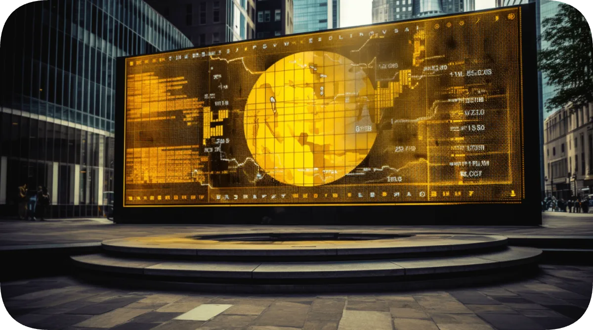 オフィス街の広場に佇む電光掲示板。何らかのデータと地球を模したと思われる金色の球体が表示されている。