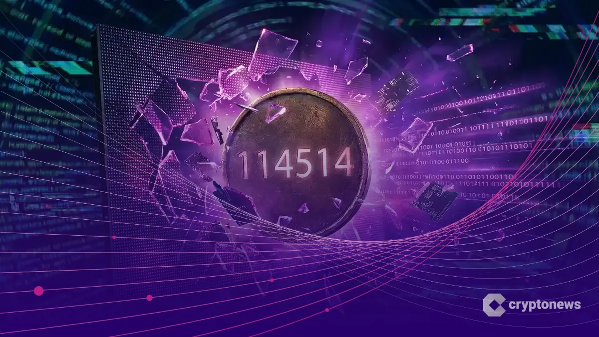 ネットミーム114514が刻印されたコインがデジタル画面を突き破る様子