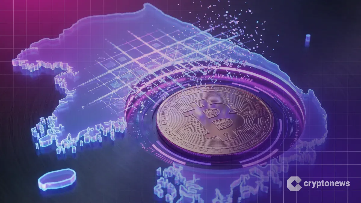 韓国の地図上で規制のバリアが消え、ビットコインが現れる様子。法人投資解禁を象徴