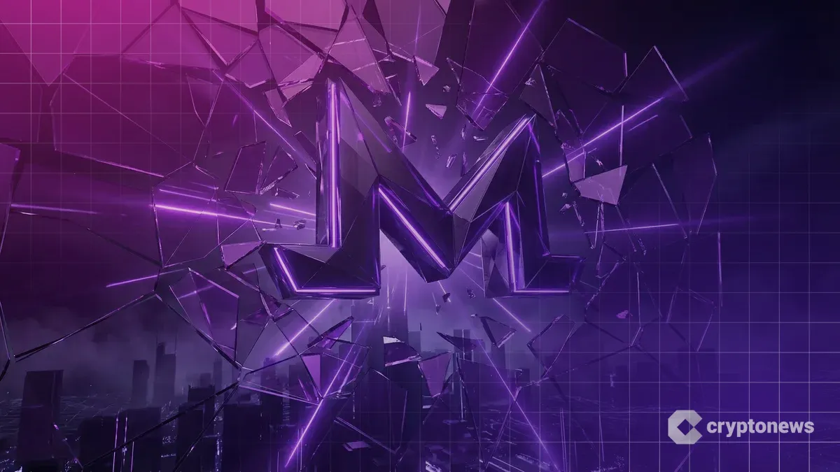 紫色のガラスの壁を突き破って急上昇する巨大なモネロのロゴ