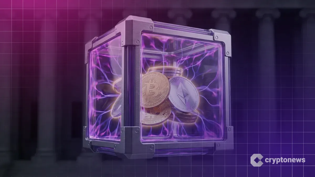 デジタルウォレット内の暗号資産コインが紫色の法的なエネルギーフィールドによって報酬の発生を抑制されている様子