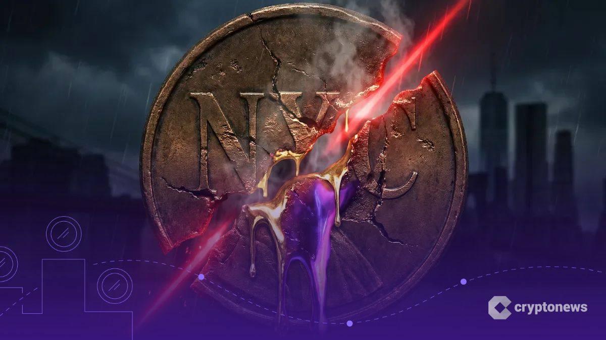 崩壊し溶け落ちる巨大なNYCコインと赤い下落チャート、背景に暗いNYの街並み