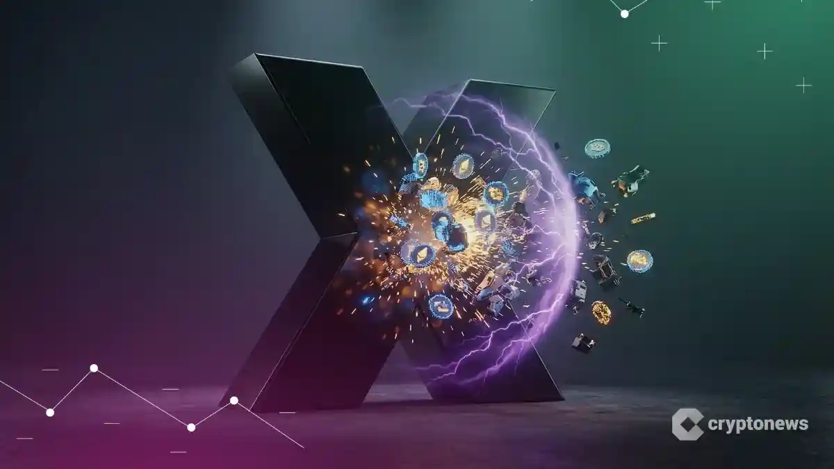 Xのロゴがスパムボットや報酬コインの群れを強力な紫色のエネルギーで遮断し粉砕している様子