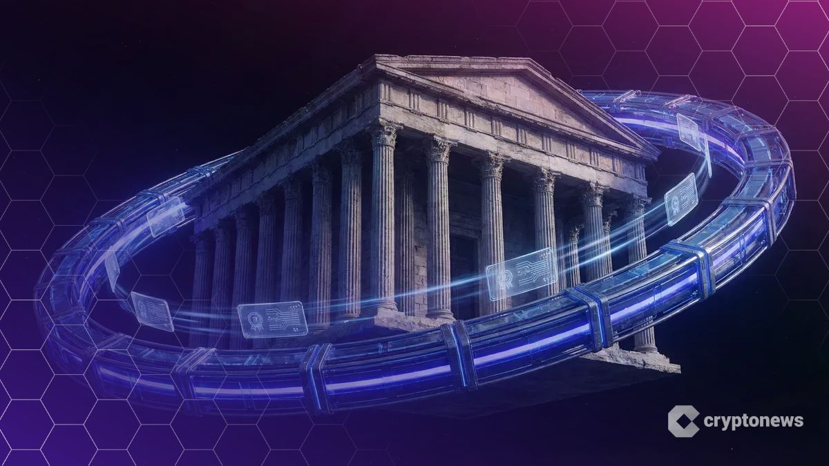 NYSEの古典的な列柱建築が、24時間取引を象徴する青く輝くデジタル軌道に囲まれ、トークン化された証券プレートが高速で循環している様子