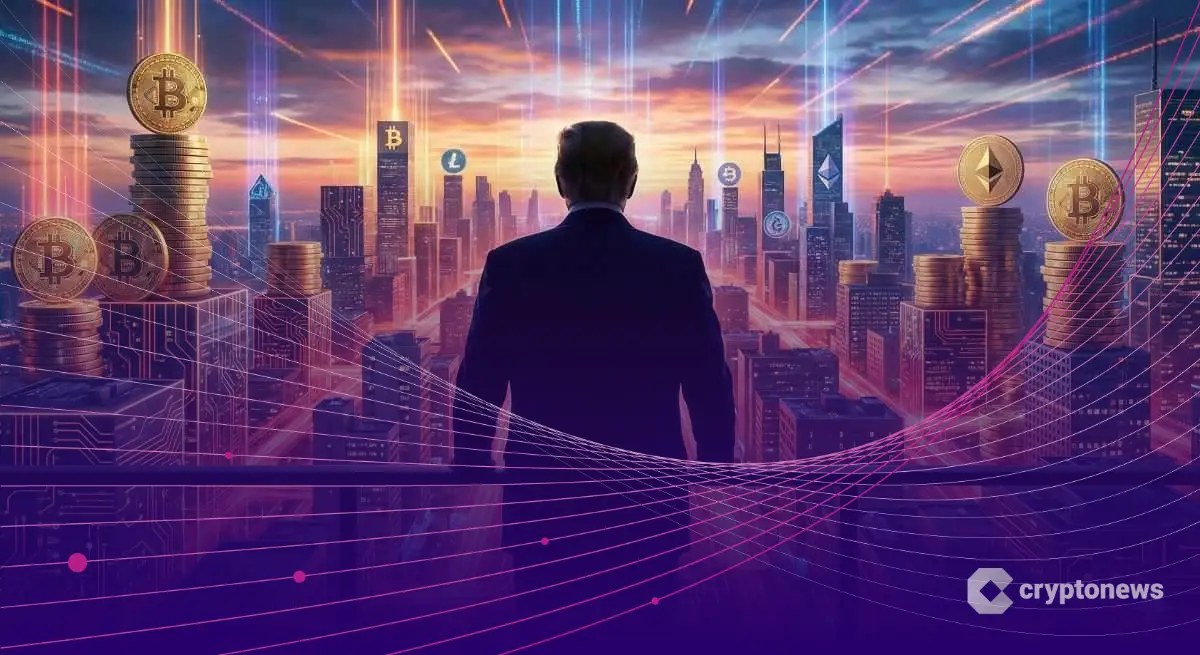 黄金のデジタル都市へと変貌する摩天楼を見下ろすドナルド・トランプ氏